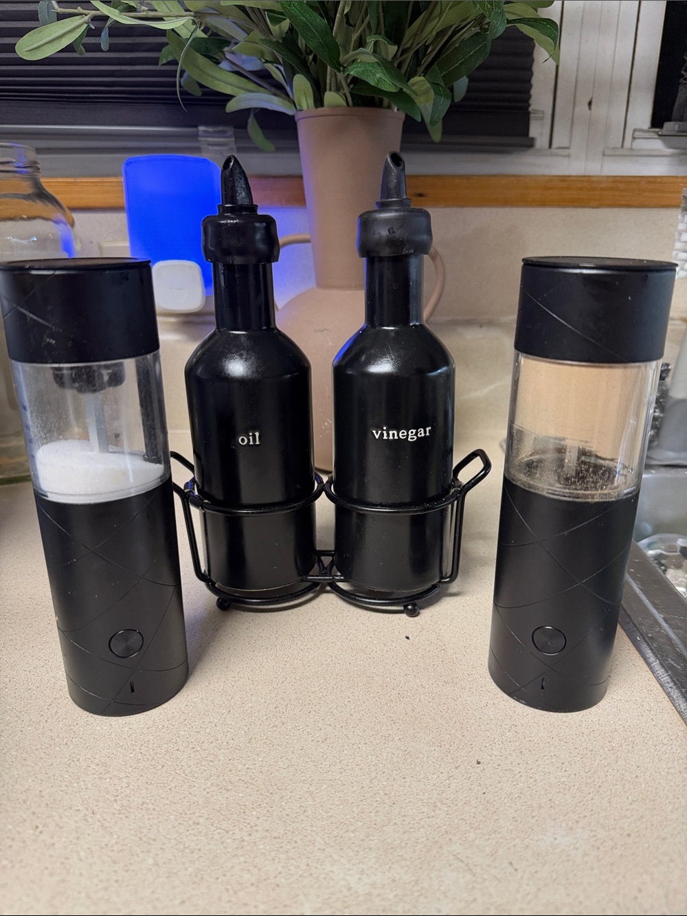 Black Oil & Vinegar Dispenser Set with Salt and Pepper Grinders